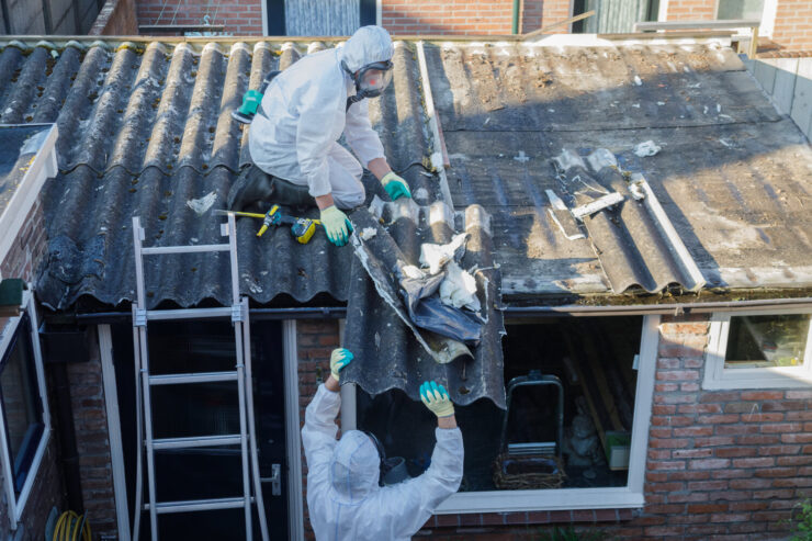 Professional asbestos removal. Man in protective suite removes asbestos roofing