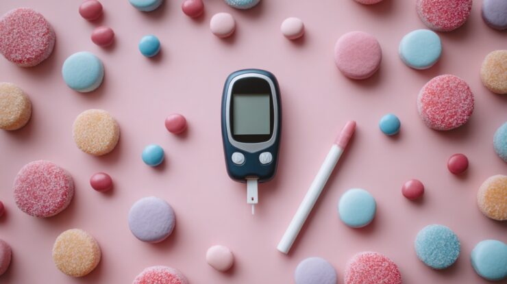 Blood glucose meter and pen surrounded by colorful candy-like tablets on a pink background
