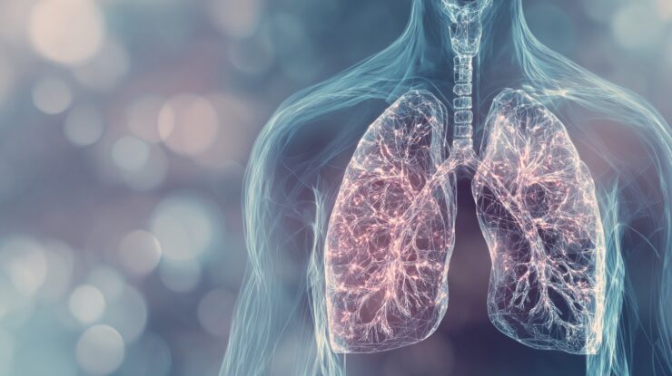 Digital illustration of human lungs and respiratory system with neural-like network connections on a soft blue background