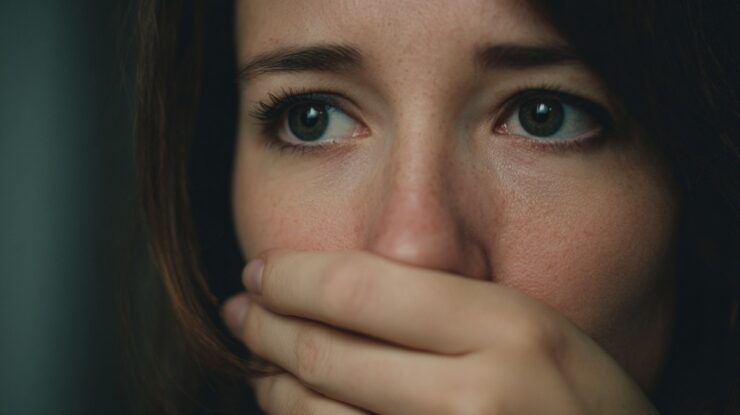Close-up of a concerned person covering their mouth with their hand