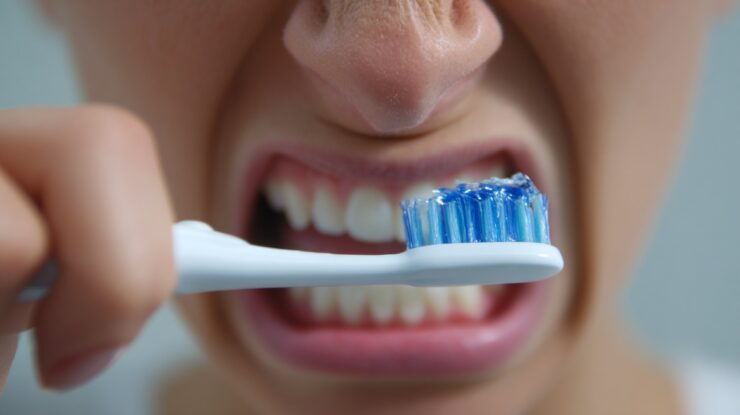 Close-up of a person aggressively brushing their teeth with a blue toothbrush