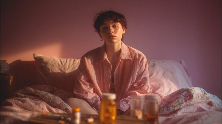 Person sitting on a bed in soft lighting, with medicine bottles in the foreground, looking fatigued