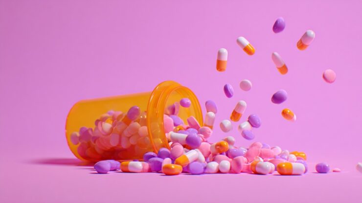 Colorful capsules and tablets spilling from an orange pill bottle on a pink background