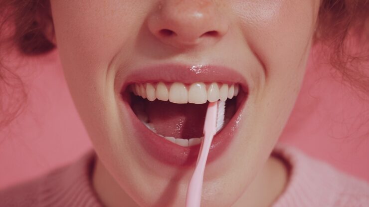 Close-up of a smiling person brushing their teeth with a pink toothbrush against a pink background