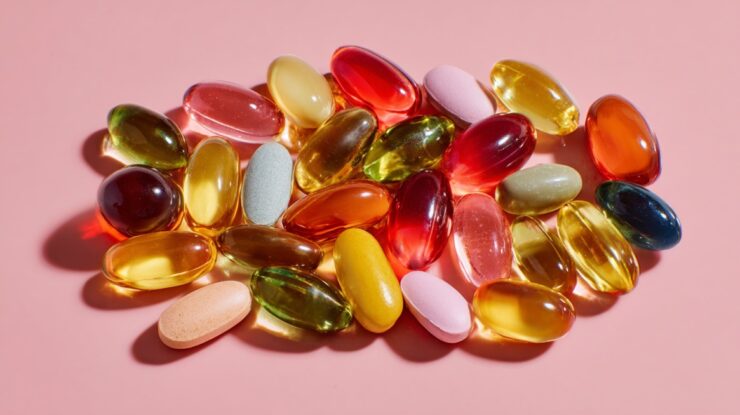 A pile of colorful vitamin and supplement capsules on a pink background