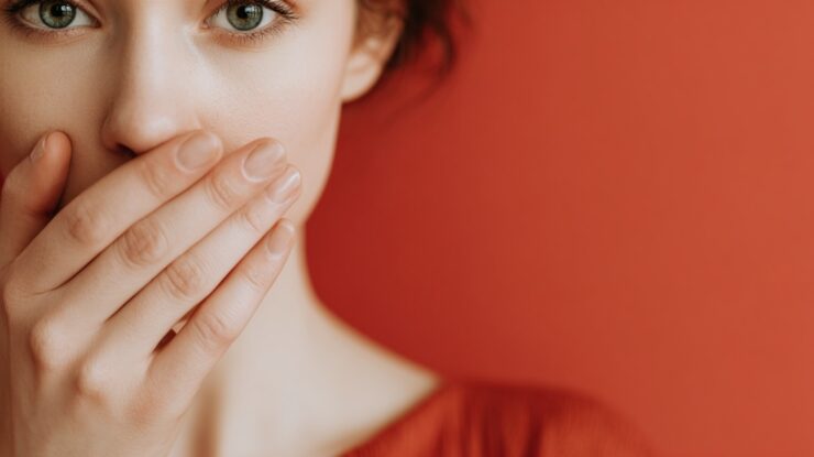 Close-up of a person covering their mouth with their hand against a red background