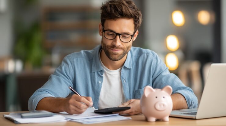 Man calculating finances at a desk with papers, a laptop, and a piggy bank