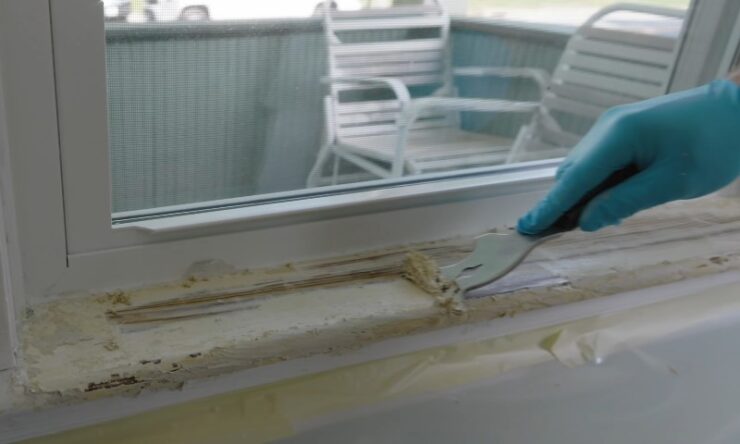 A person wearing blue gloves uses a knife to scrape paint off a window
