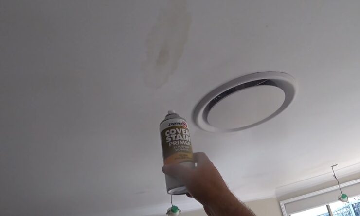 A man sprays a cleaning solution onto a ceiling while standing on a ladder