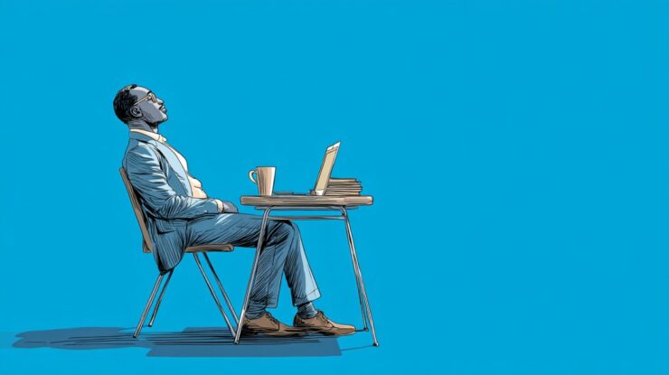 Illustration of a man sitting at a desk with a laptop, coffee, and books against a blue background
