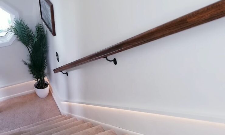 A staircase featuring lights and a decorative plant on the side