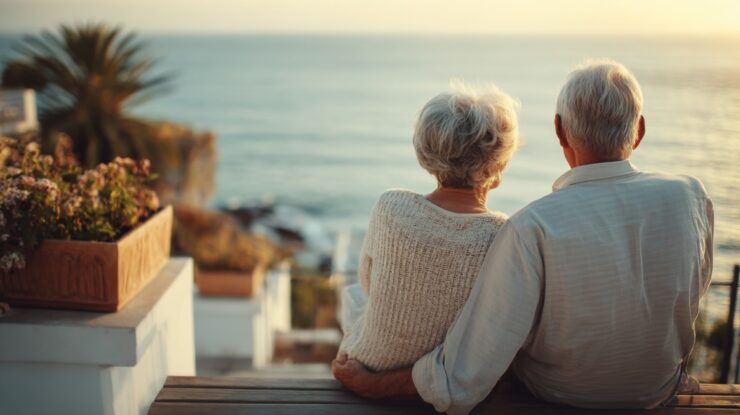 Elderly couple sitting together and watching the ocean at sunset
