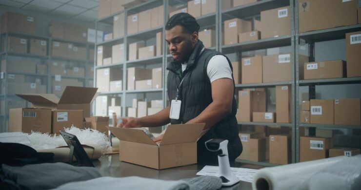 Warehouse staff member preparing packaged goods at a packing station with shelves of boxed inventory in the background