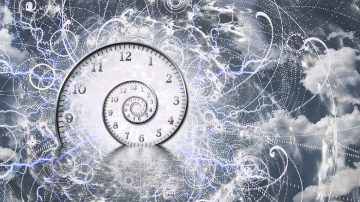 Abstract clock spiral and energy lines illustrate why memorization fails in physics concepts