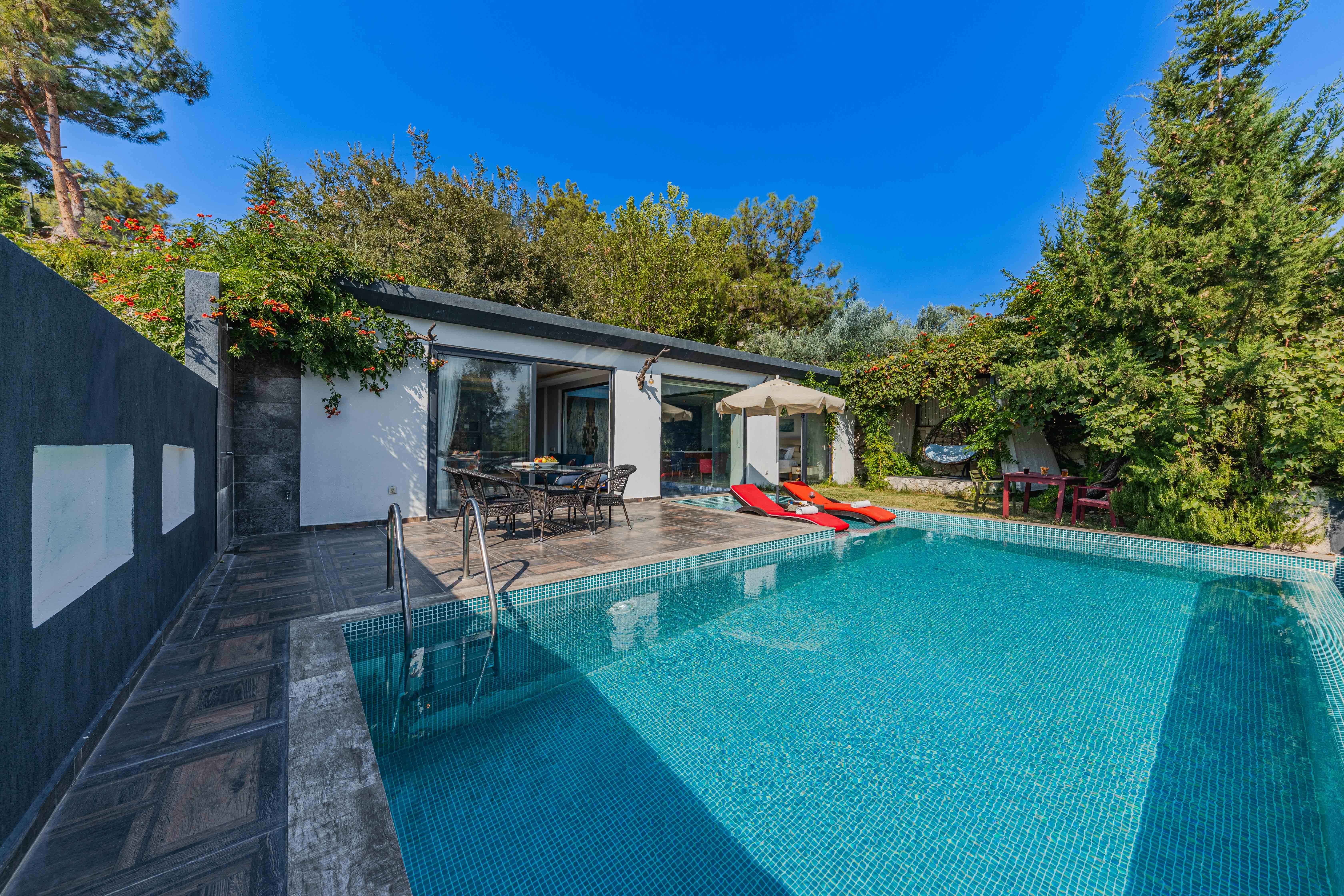 Stylish villa with a private outdoor swimming pool, showing seclusion as a premium real estate feature